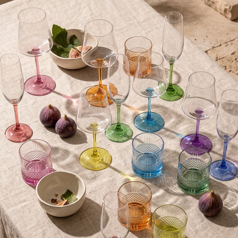 A sunny linen table of mixed Tint & Form glassware in rose, amber, green and blue
