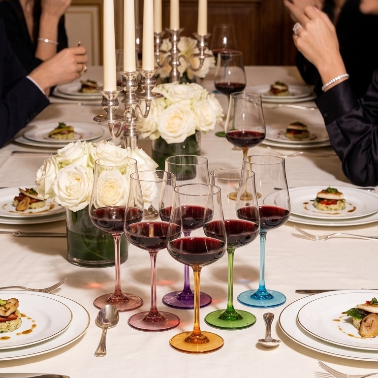 Poppy wine glasses in six tints filled with red wine on a candlelit dinner party table