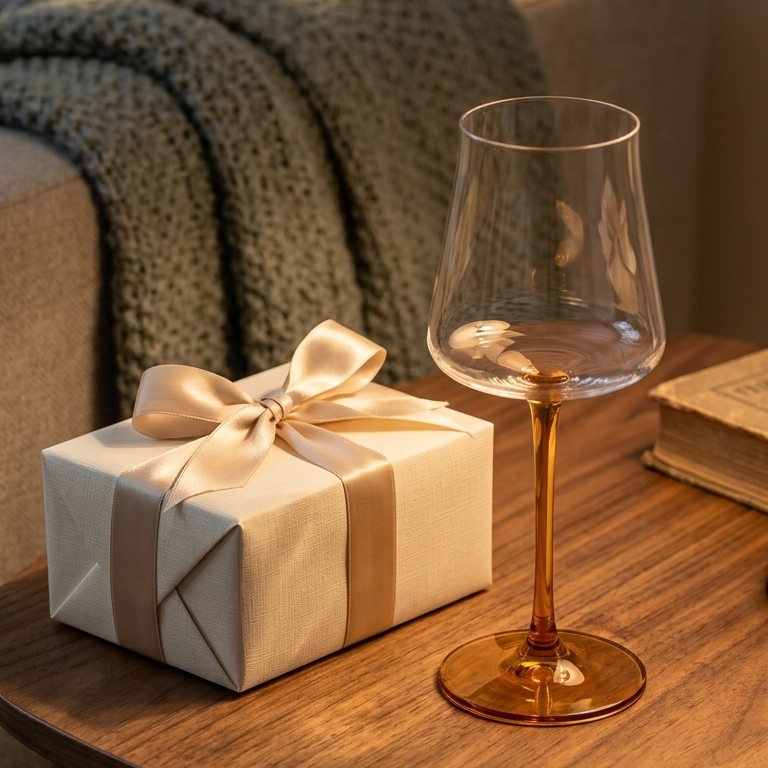 An amber-stemmed Poppy wine glass beside a cream gift box tied with champagne ribbon