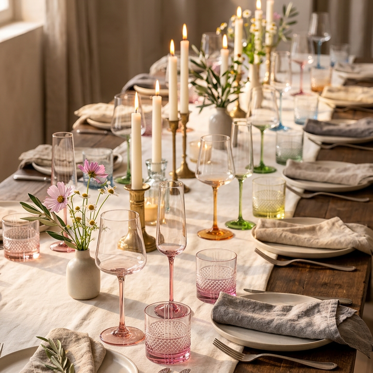 A long ivory-linen dinner table set with coloured-stem Poppy glassware in golden evening light