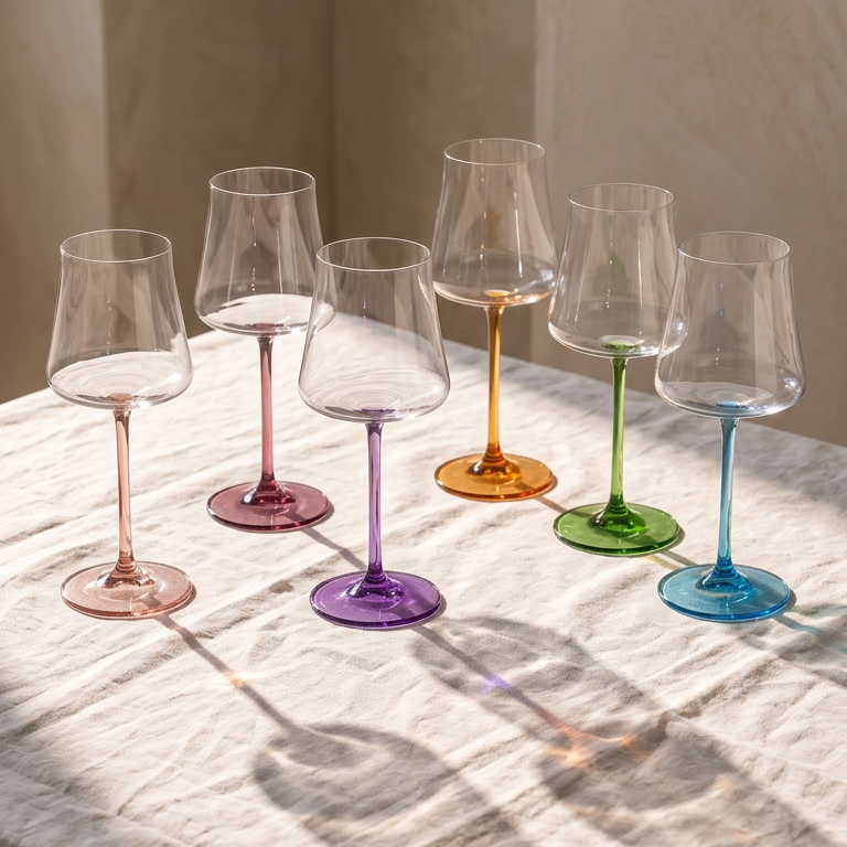 Six Poppy wine glasses with rose, amber, green, violet and blue stems in a row on white linen in low morning sun