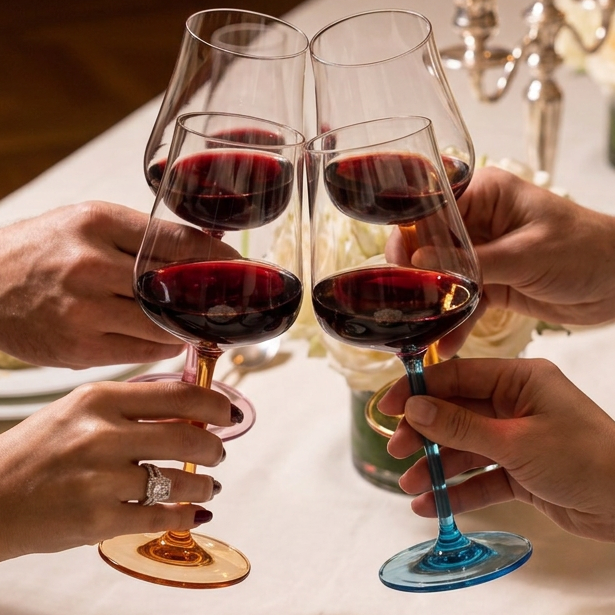 Friends raising Poppy wine glasses of red wine in a toast over a candlelit table