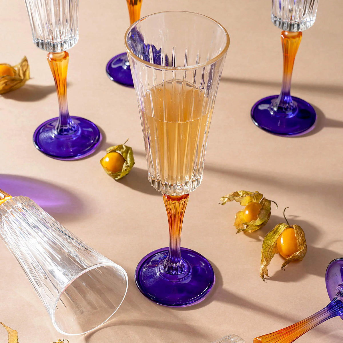 Vesper Handblown Crystal Champagne Flutes — Gradient Stem, Set of 6