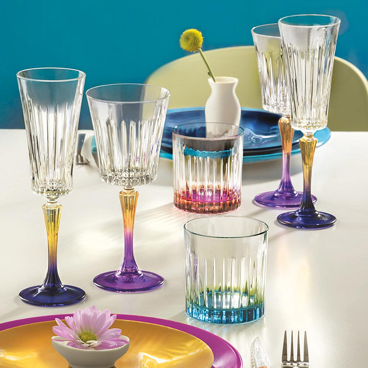 Vesper Handblown Crystal Champagne Flutes — Gradient Stem, Set of 6